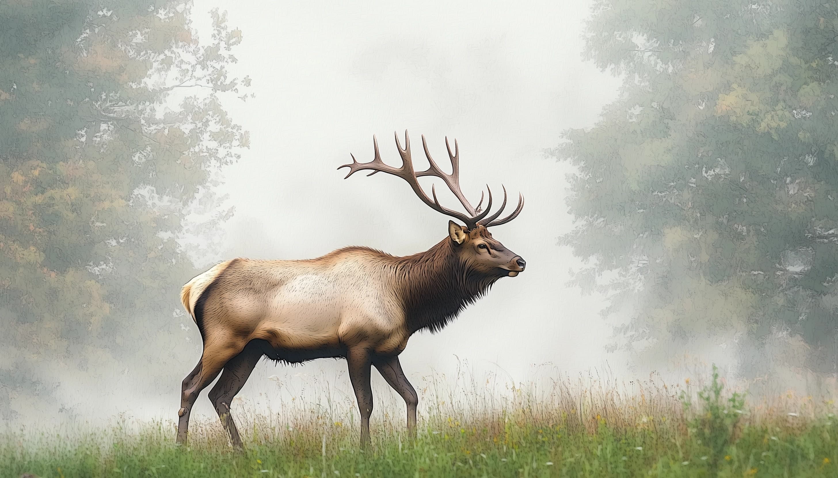 Watercolor image of elk standing