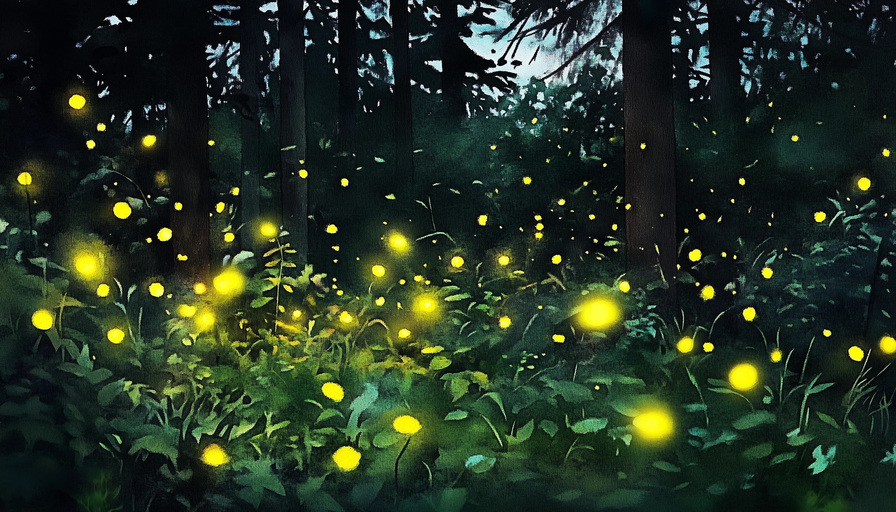 Watercolor image of fireflies in a forest at night