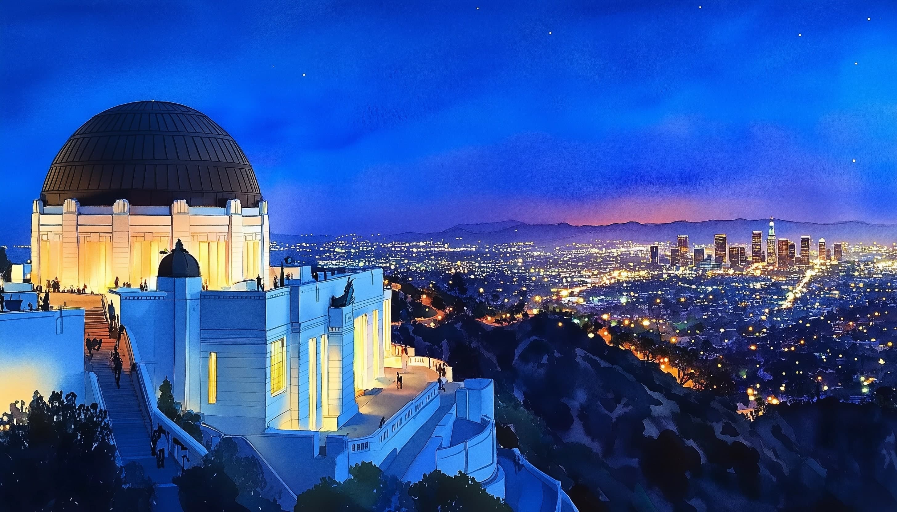 Watercolor image of Griffith Observatory at night