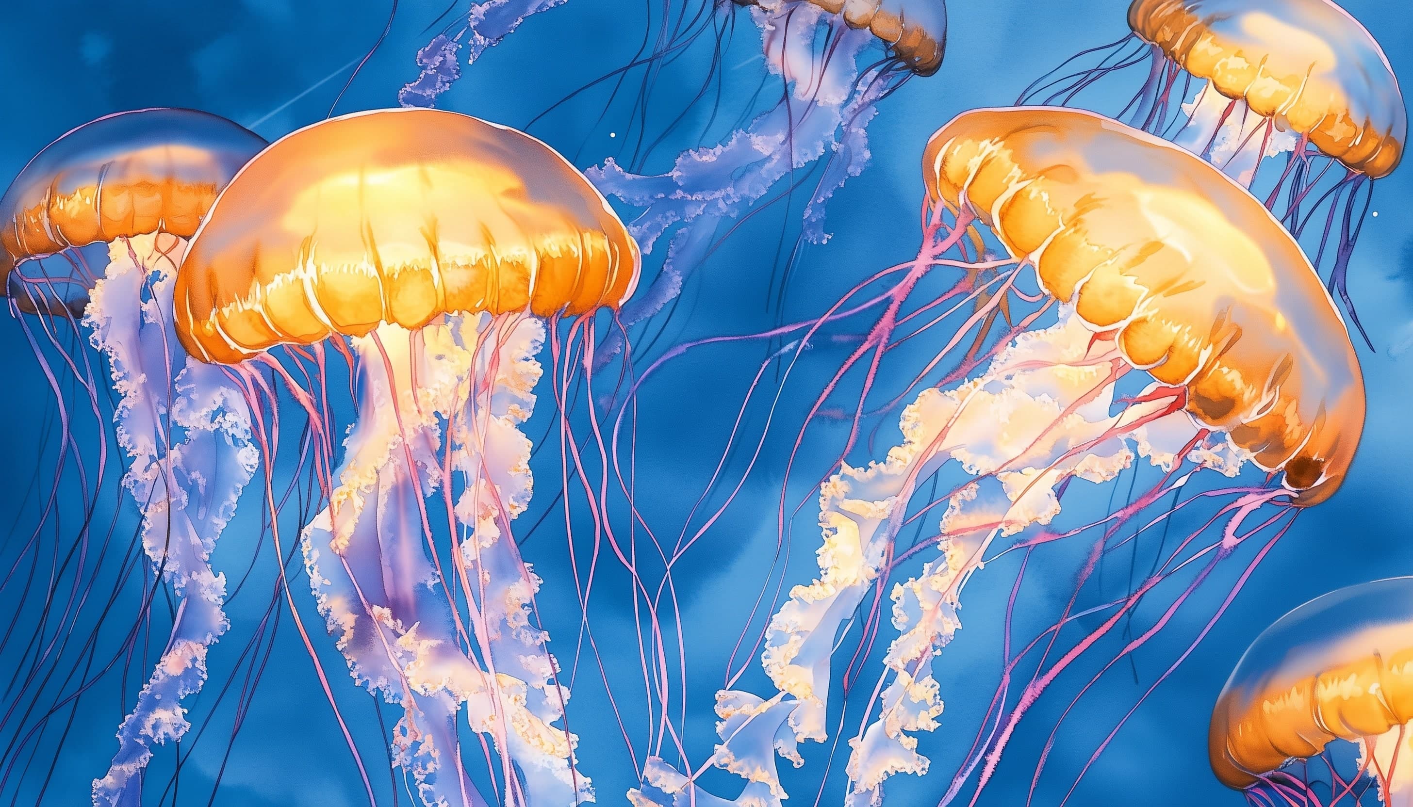 Watercolor image of jellyfish in blue water