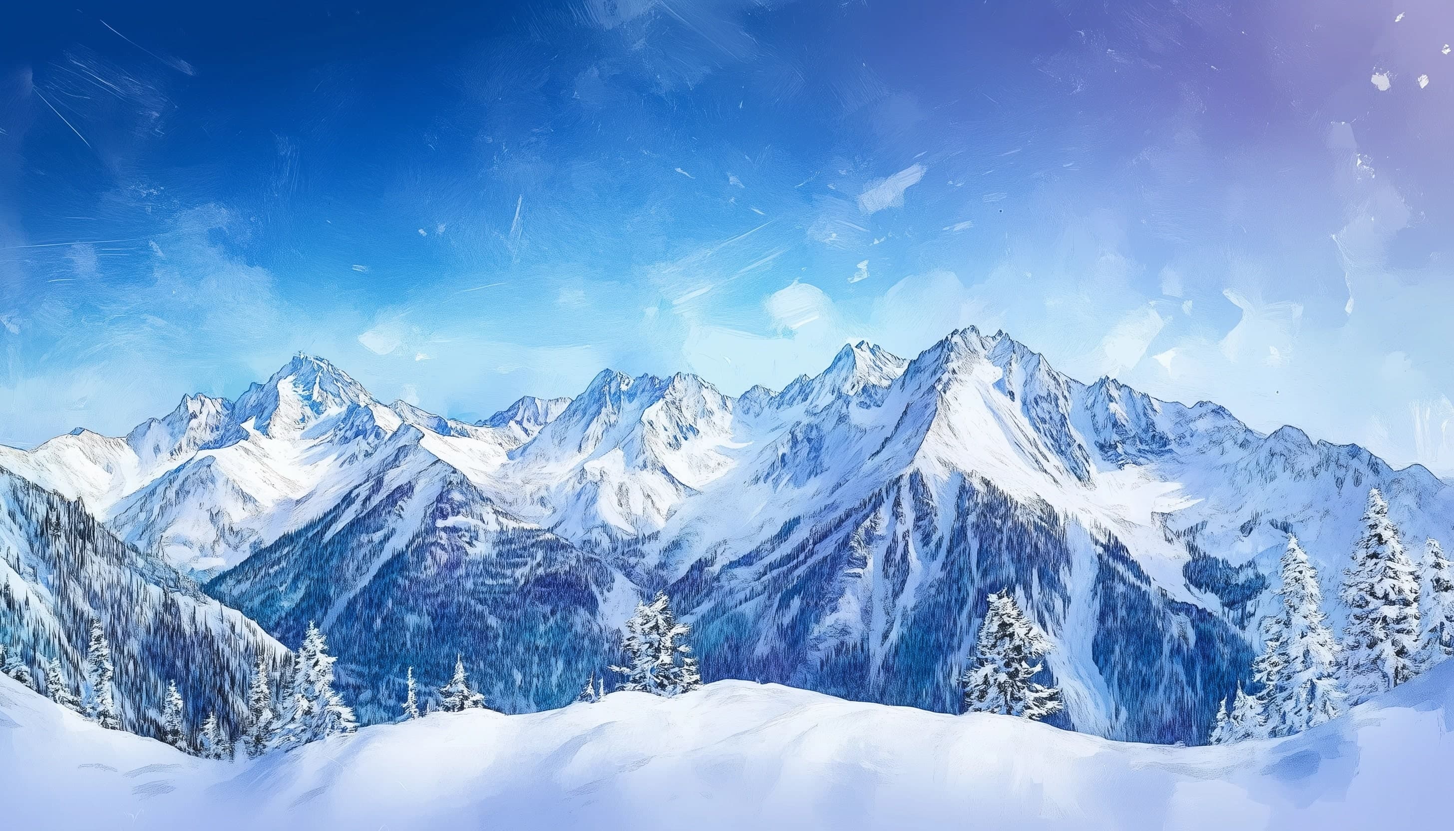 Watercolor image of snowy mountains