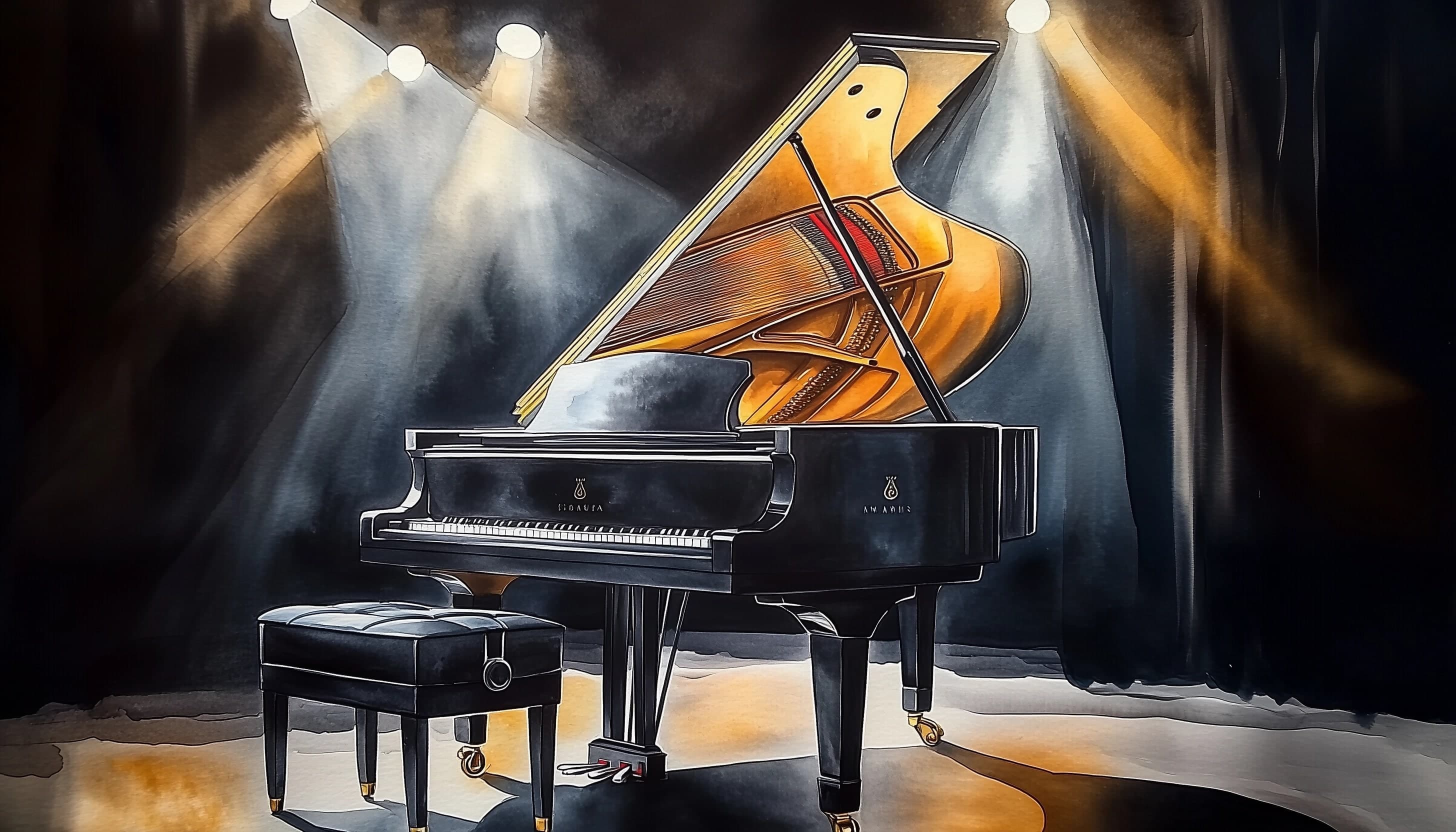 Watercolor image of grand piano