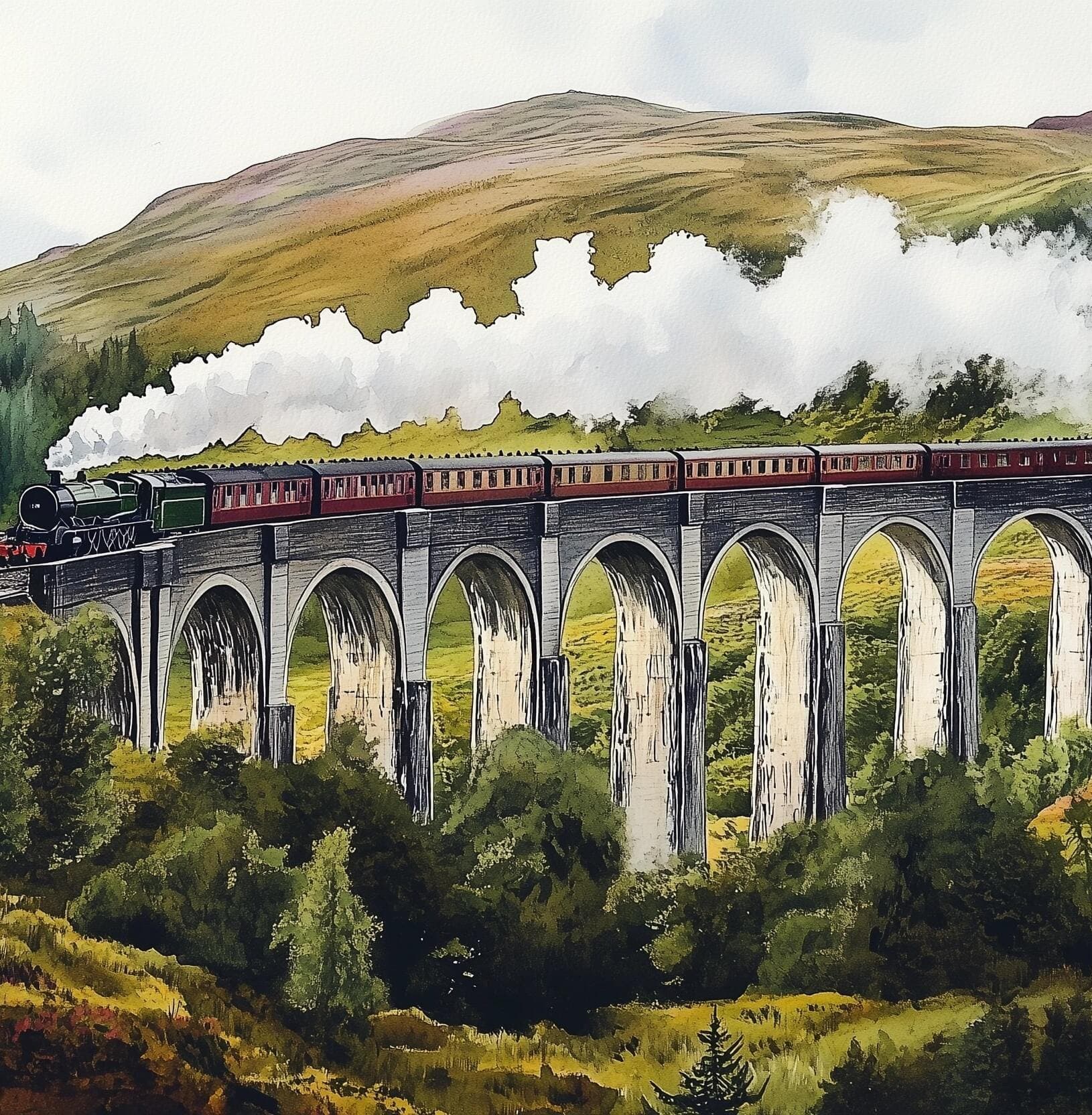 Watercolor image of steam train on a viaduct